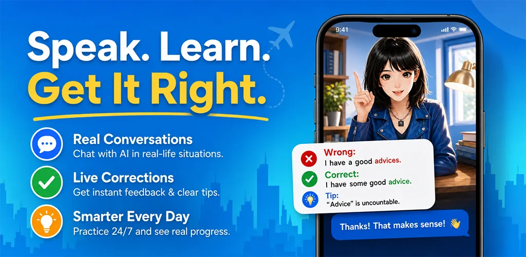 SpeakEgo showing live conversation practice and grammar corrections on a phone